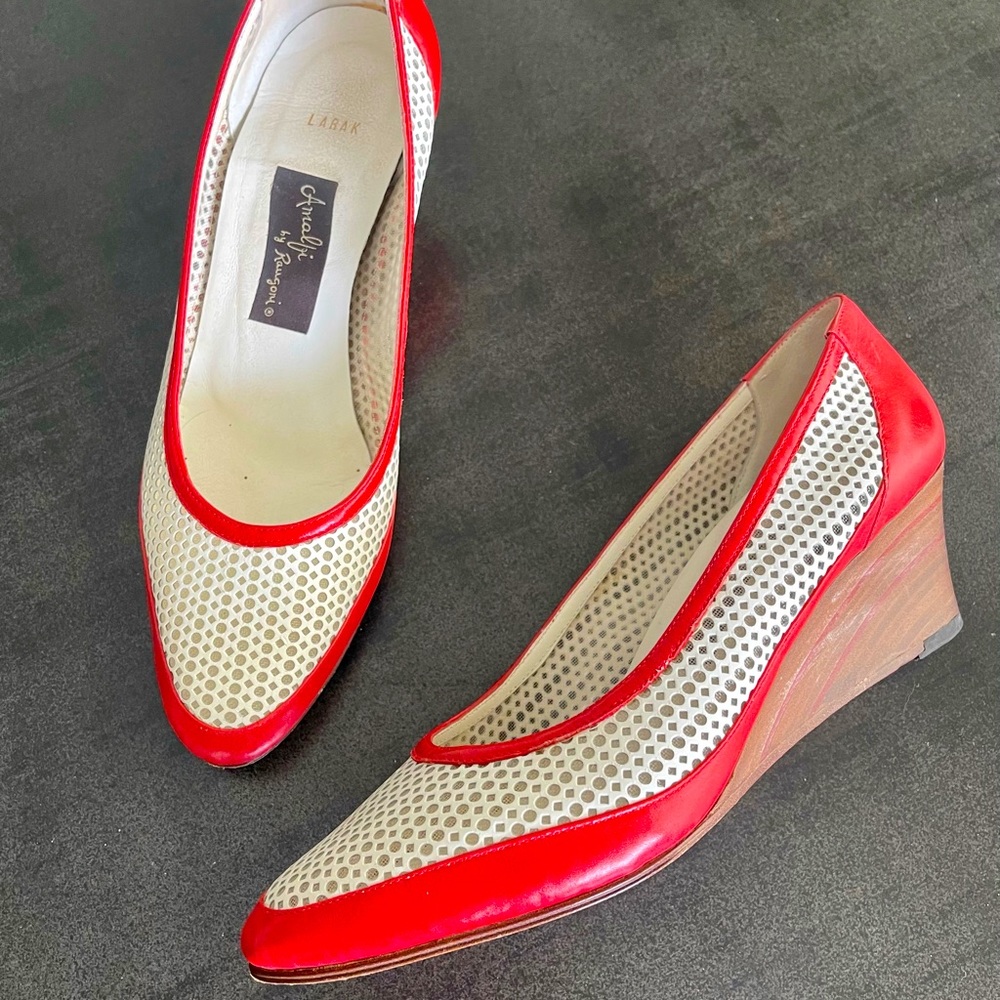 Vintage white mesh and red leather wooden wedge